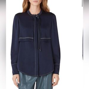 Rebecca Taylor Navy Contrast-Stitch Tie-Neck Blouse